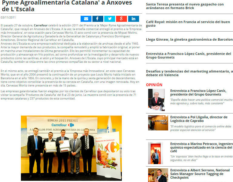 Carrefour entrega el Premio a la Mejor Pyme Agroalimentaria Catalana a Anxoves de l’Escala