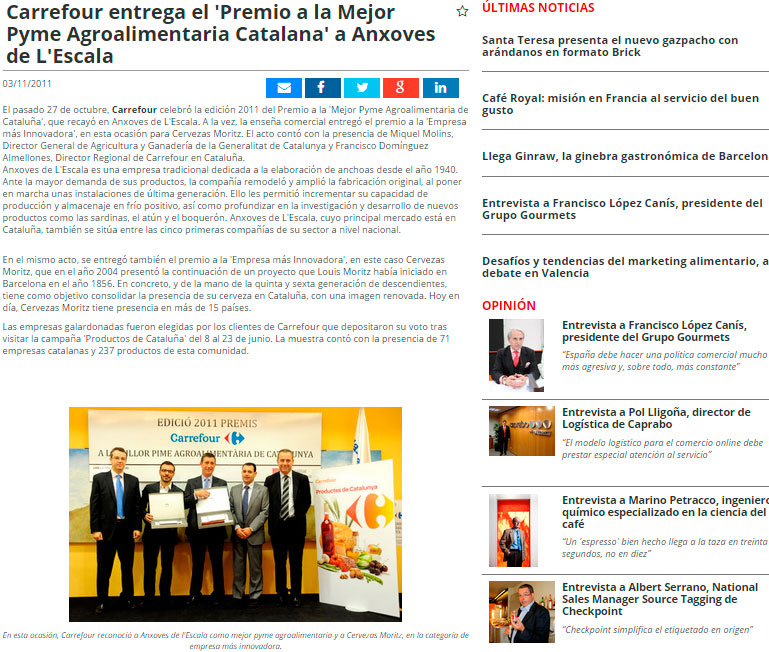 Carrefour entrega el Premio a la Mejor Pyme Agroalimentaria Catalana a Anxoves de l’Escala